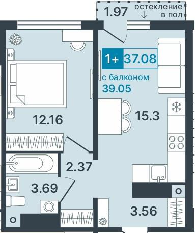 1-комнатная 39 м2 в ЖК undefined корпус null этаж 7
