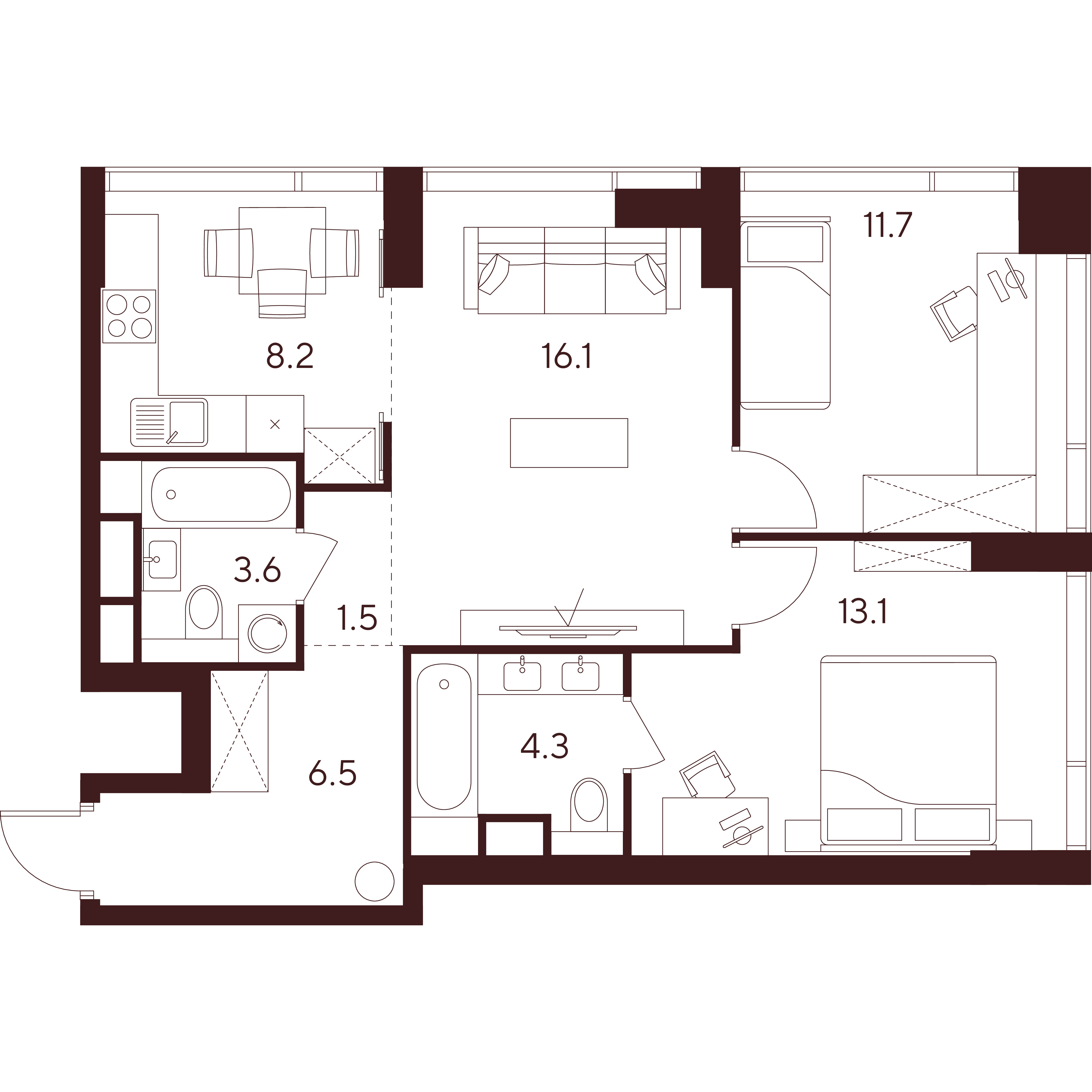 3-комнатная 65 м2 в ЖК Инди Тауэрз от Аквилон корпус null этаж 4