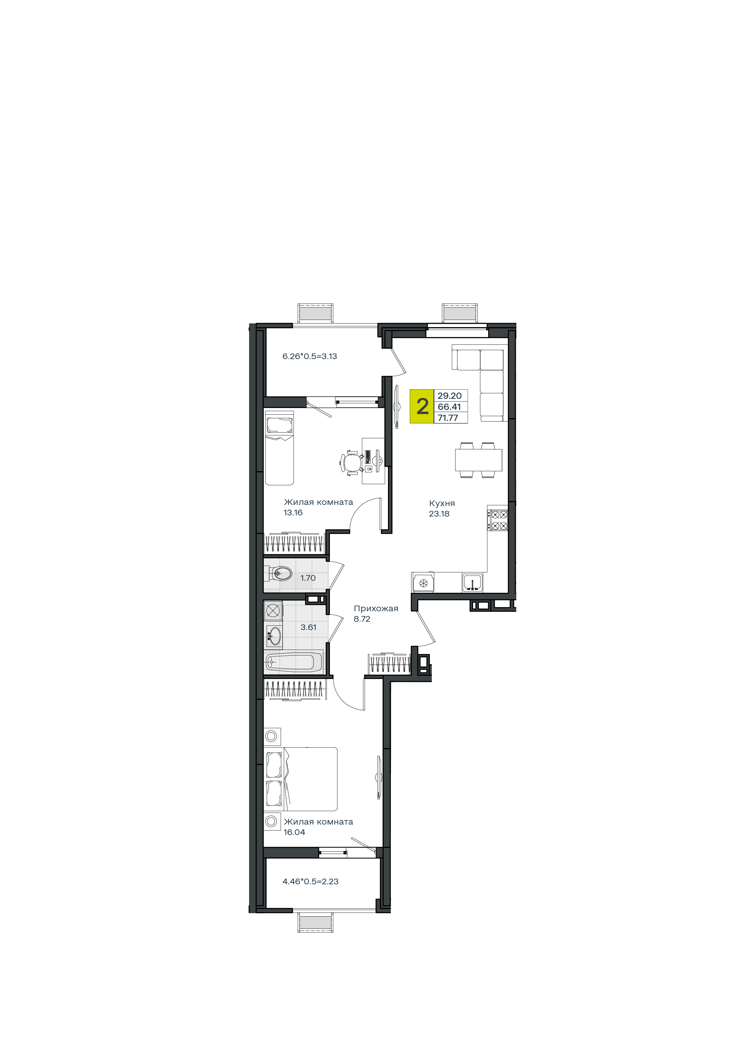 2-комнатная 71 м2 в ЖК МОНО Квартал корпус null этаж 5