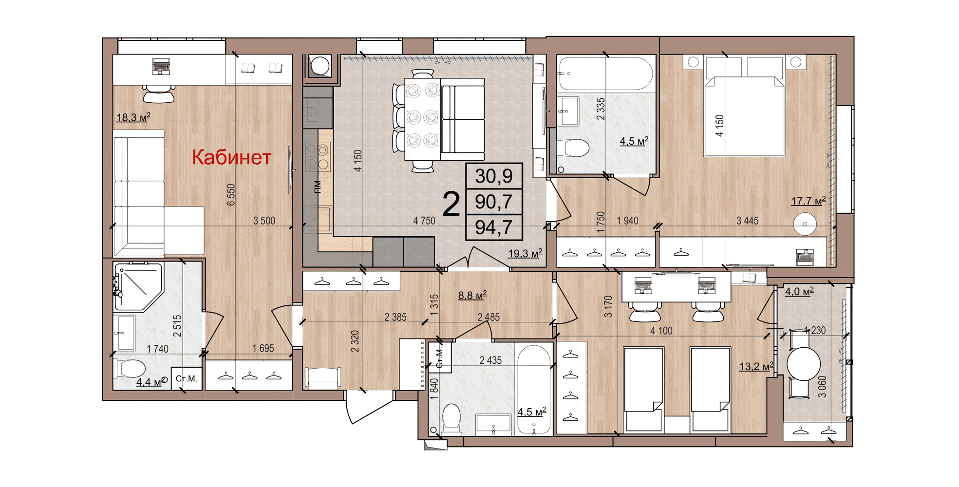 2-комнатная 94 м2 в ЖК Скайлайн-2 корпус null этаж 1