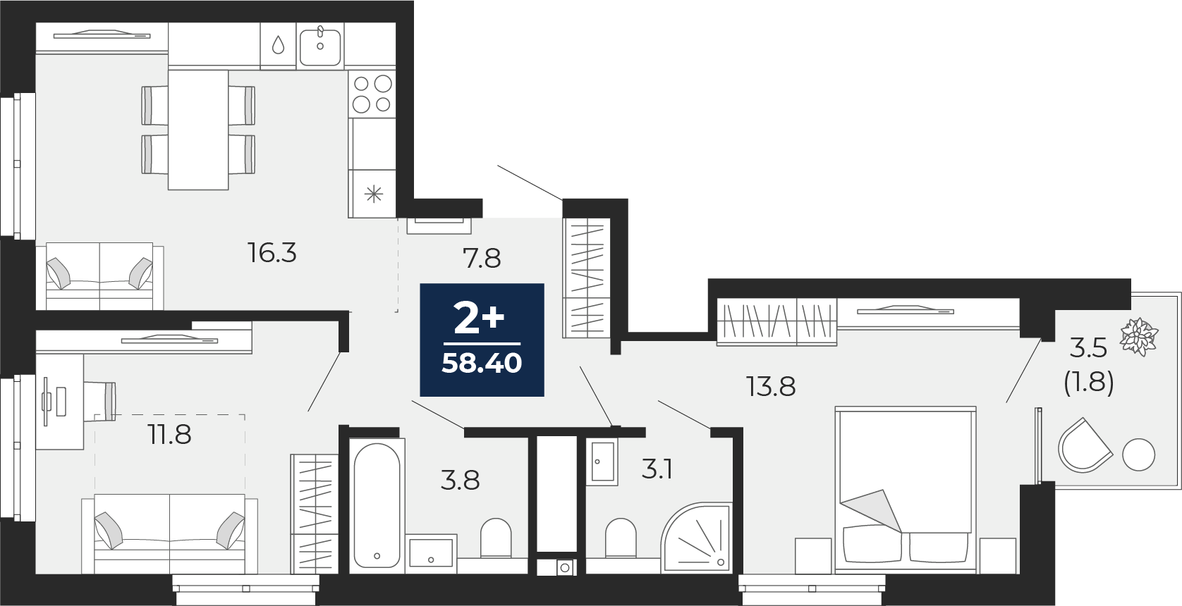 2-комнатная 56 м2 в ЖК Мириады корпус null этаж 18