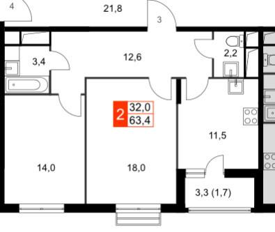 2-комнатная 63 м2 в ЖК undefined корпус null этаж 9