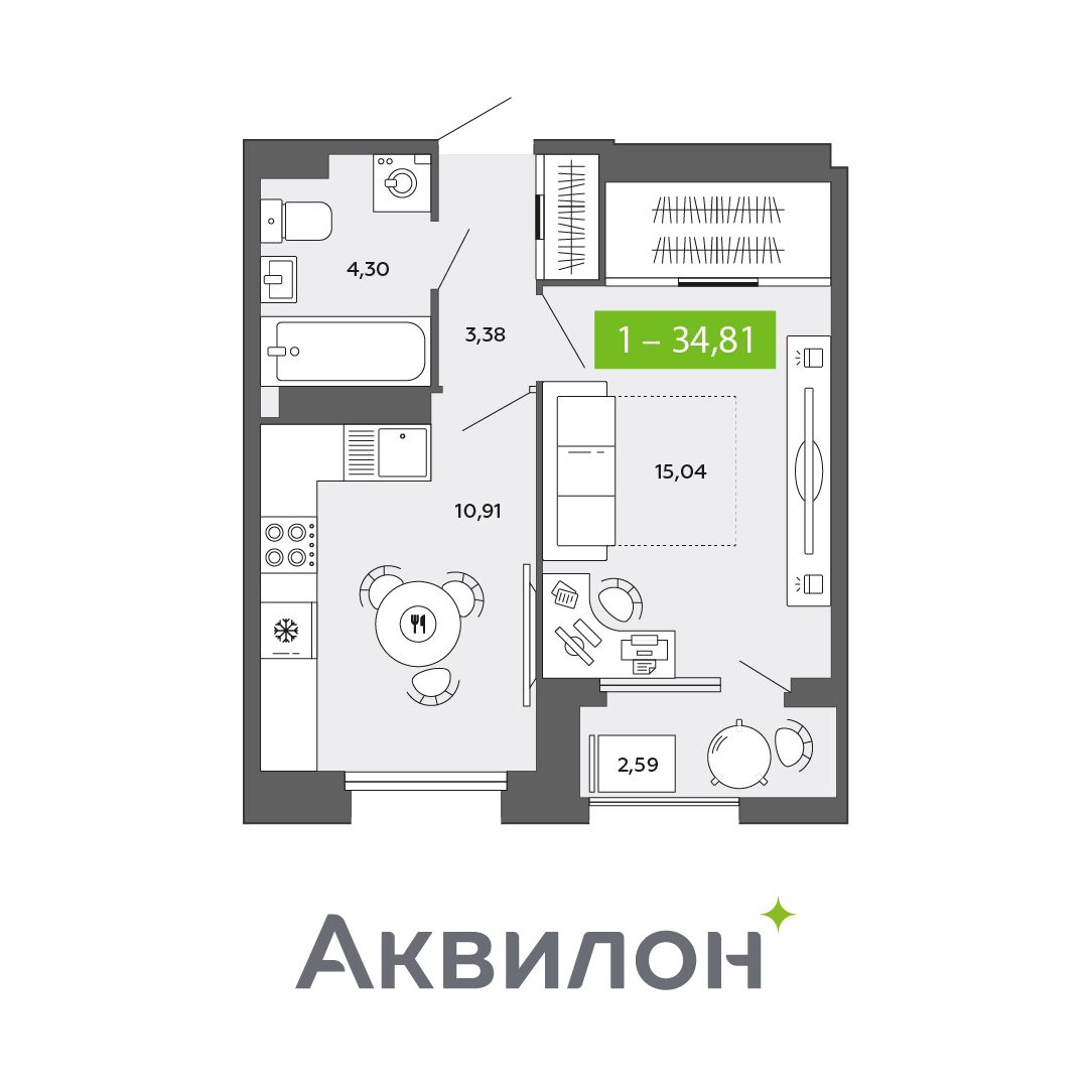 1-комнатная 34 м2 в ЖК Аквилон CITY Towers корпус null этаж 14