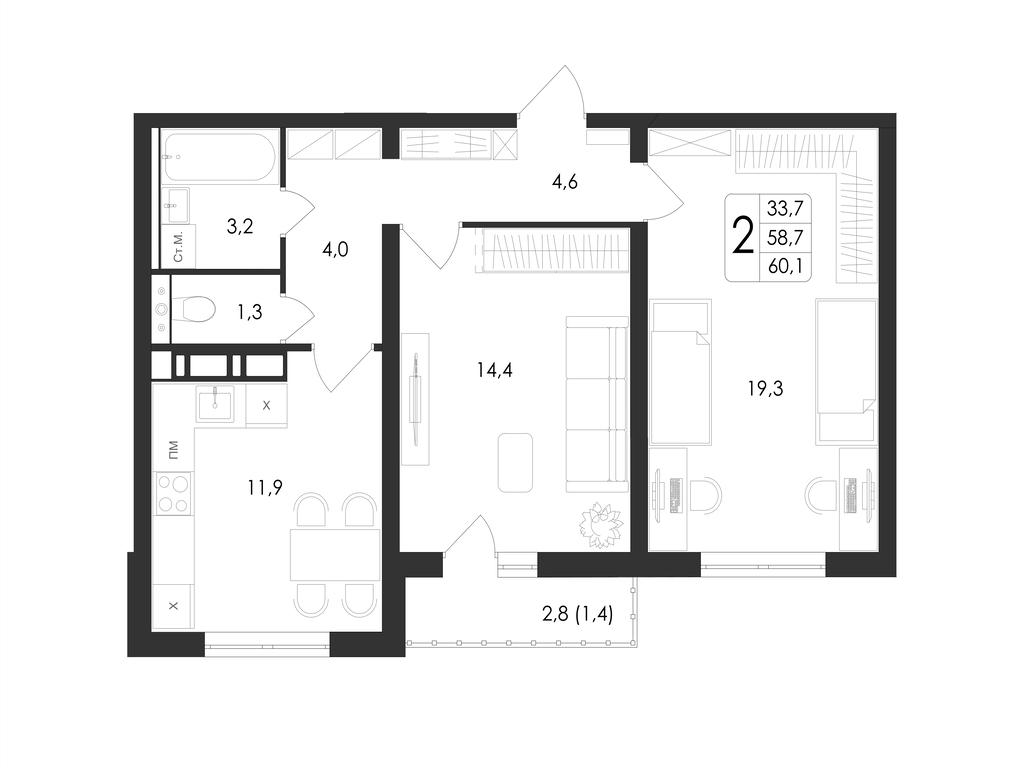 2-комнатная 60 м2 в ЖК Май корпус null этаж 11