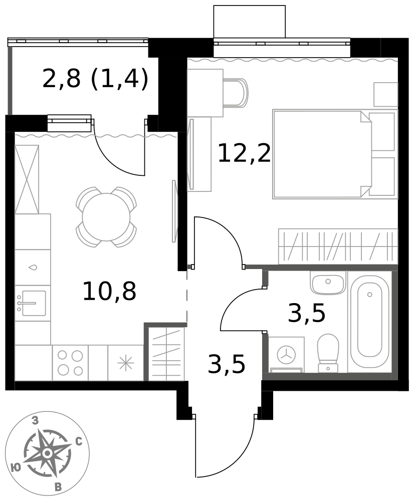 1-комнатная 31 м2 в ЖК 1-й Южный корпус null этаж 15