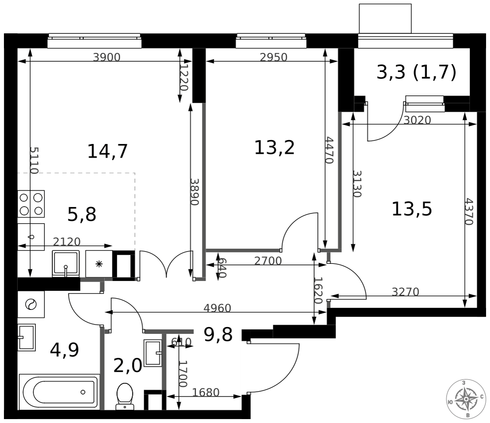 3-комнатная 65 м2 в ЖК 1-й Измайловский корпус null этаж 3