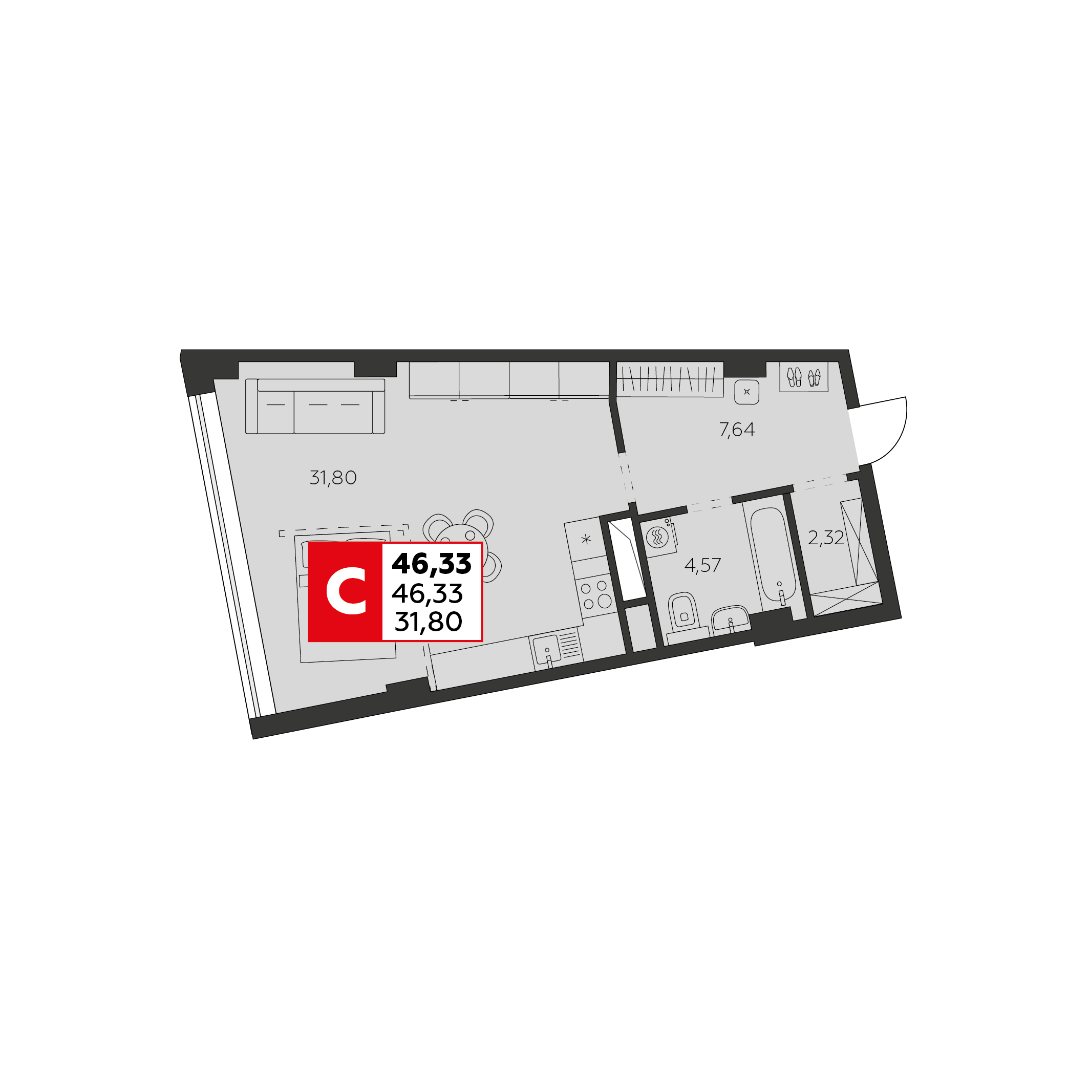 Студия 46 м2 в ЖК Высотка корпус null этаж 1