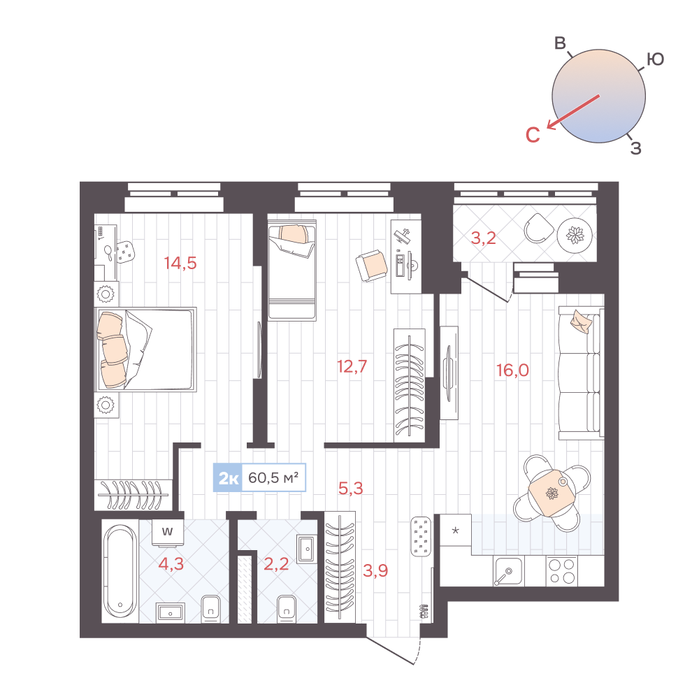 2-комнатная 60 м2 в ЖК ДА корпус null этаж 10