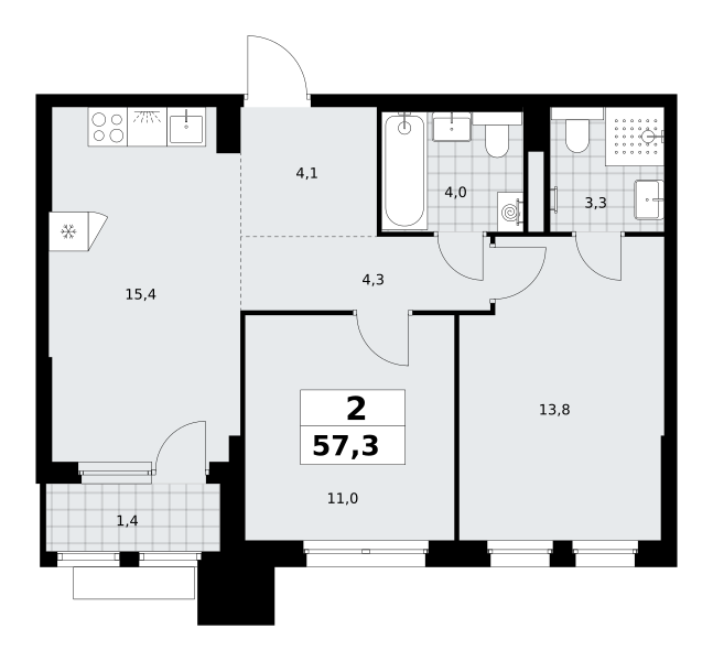 2-комнатная 57 м2 в ЖК Деснаречье корпус null этаж 4