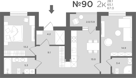 2-комнатная 65 м2 в ЖК МС18 корпус null этаж 1