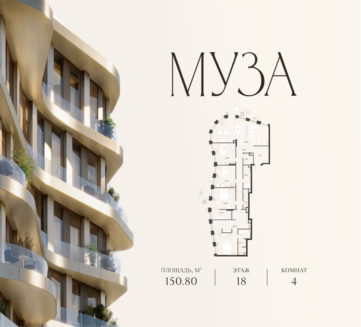 4-комнатная 150 м2 в ЖК МУЗА корпус null этаж 18
