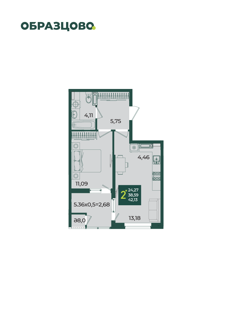 2-комнатная 42 м2 в ЖК Образцово корпус null этаж 15