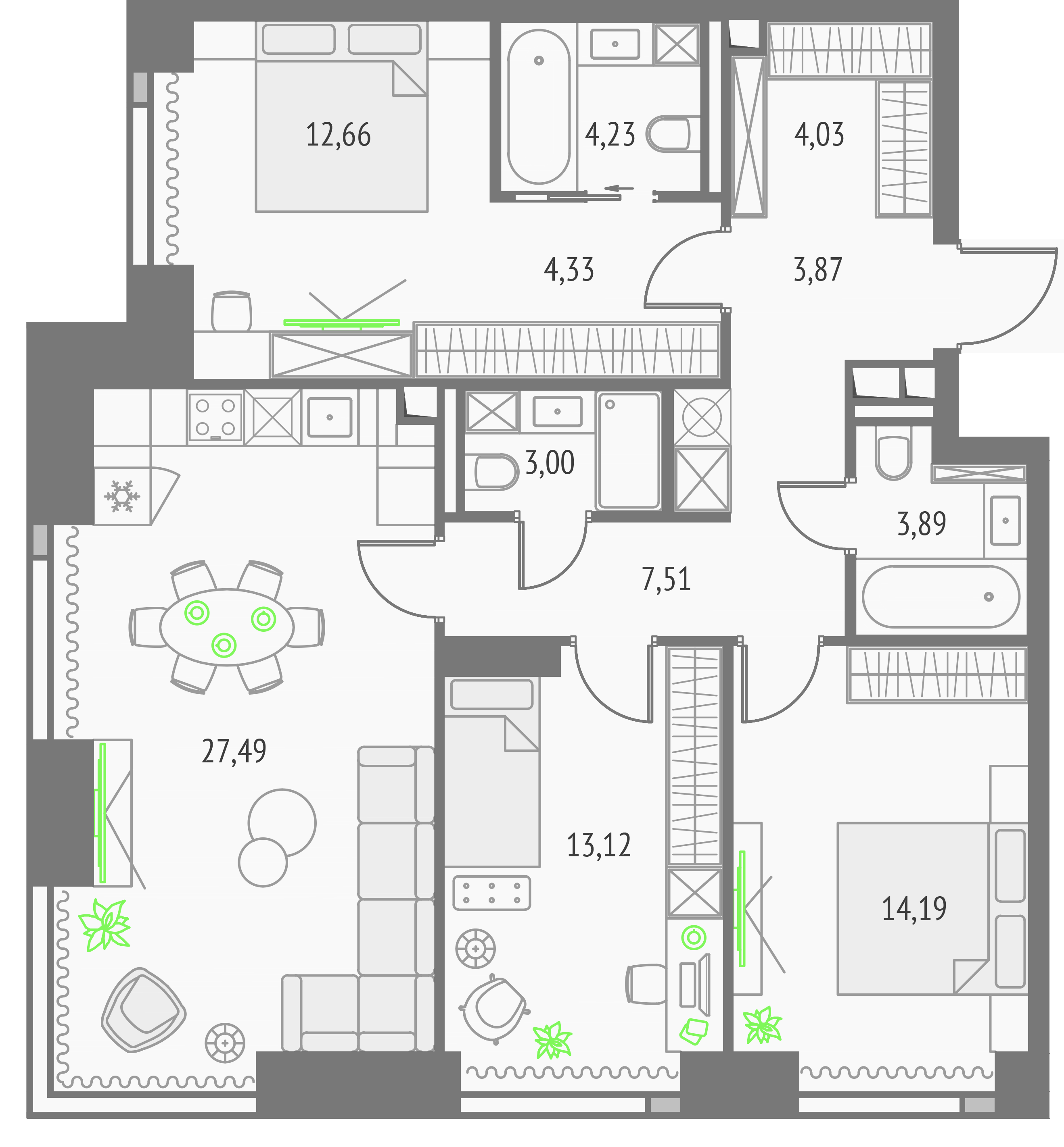 3-комнатная 98 м2 в ЖК Upside Towers корпус null этаж 9