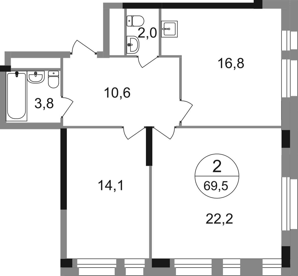 2-комнатная 69 м2 в ЖК Первый Московский корпус null этаж 16