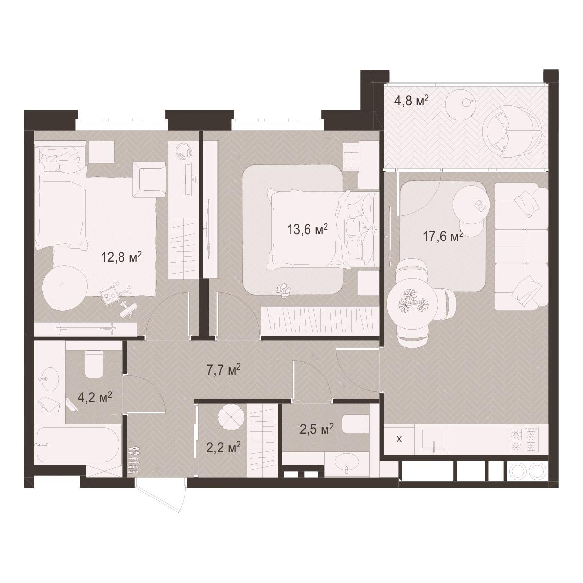 2-комнатная 65 м2 в ЖК Окская стрелка корпус null этаж 7