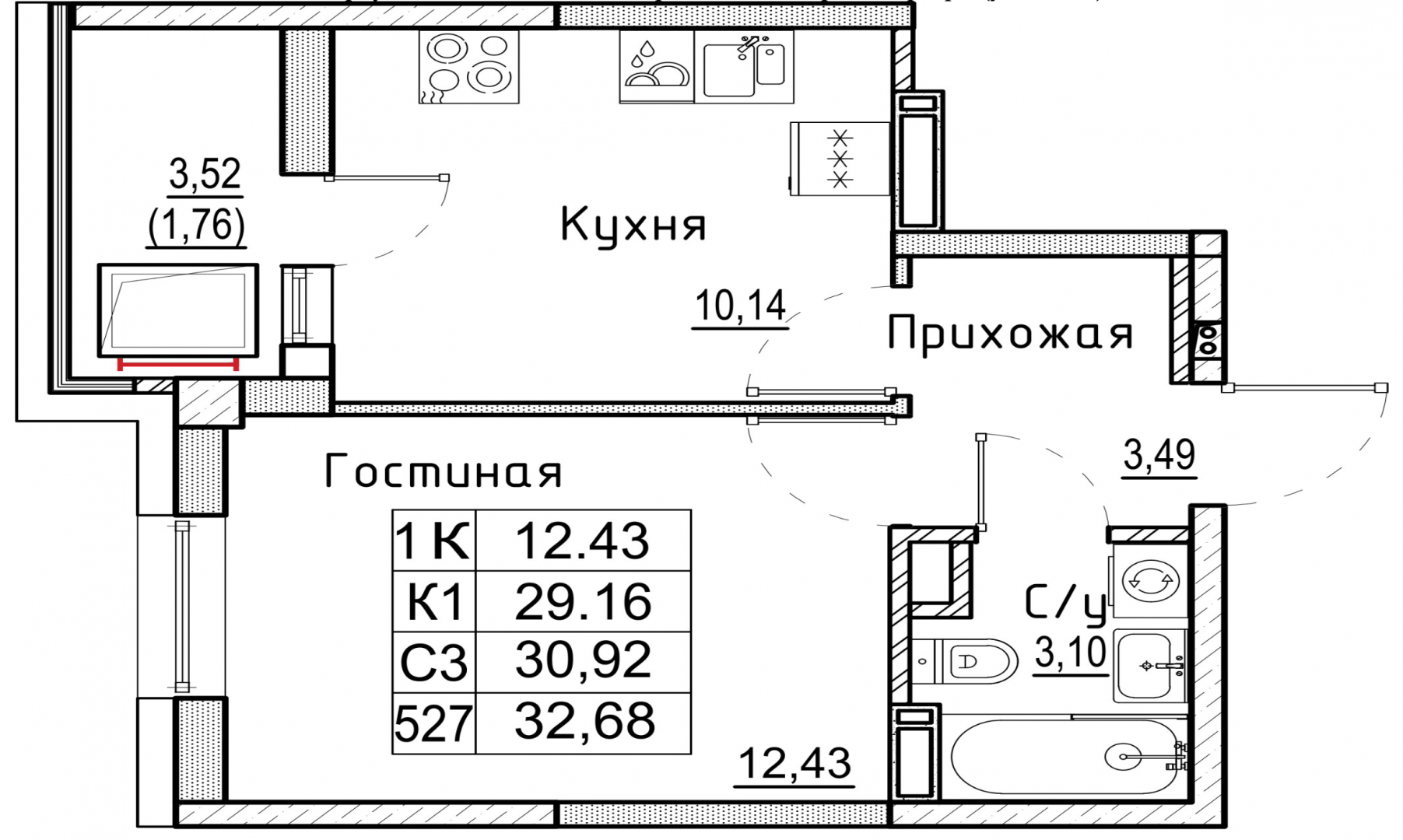 1-комнатная 32.7 м2 в ЖК undefined корпус null этаж 10