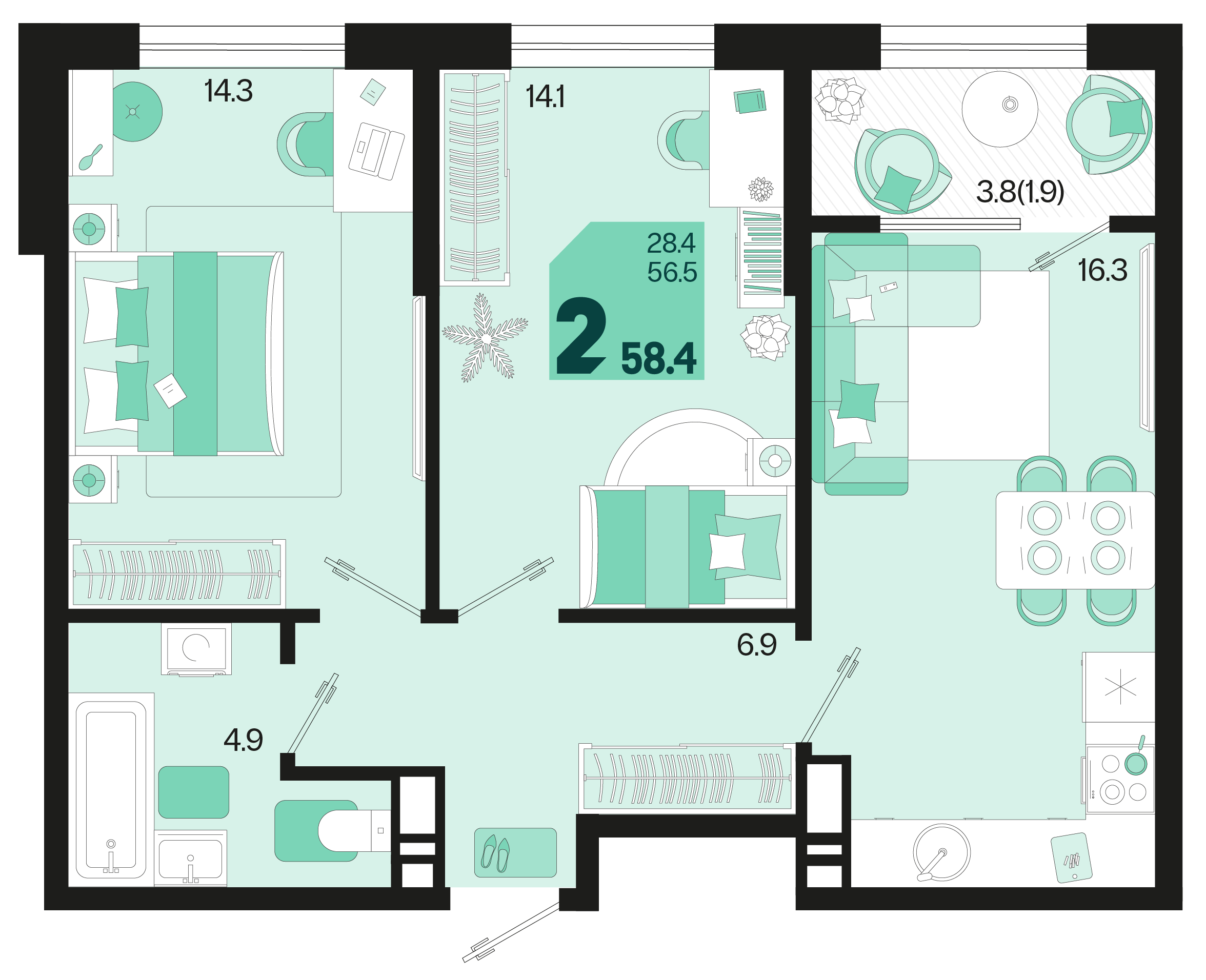 2-комнатная 58 м2 в ЖК Первое место корпус null этаж 9