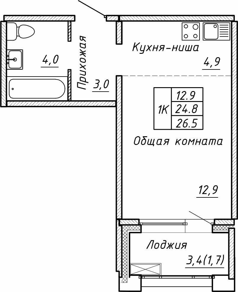 1-комнатная 26 м2 в ЖК Гренландия корпус null этаж 9
