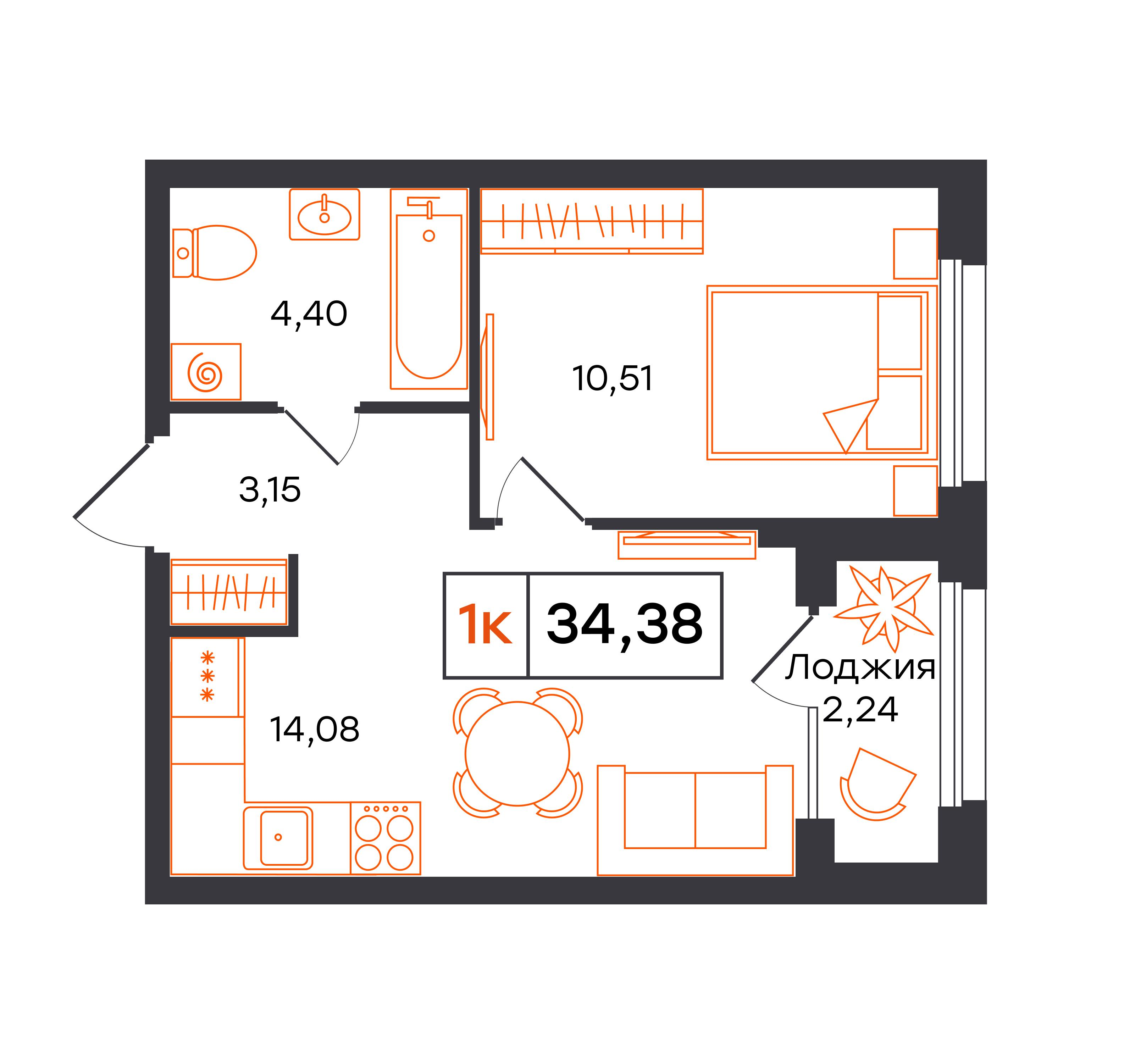 1-комнатная 34 м2 в ЖК Фатера корпус null этаж 3