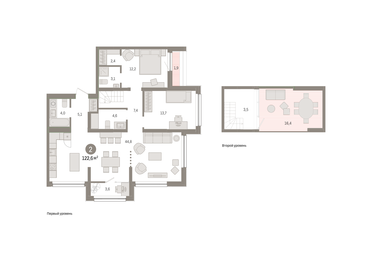 2-комнатная 122 м2 в ЖК Зарека корпус null этаж 8