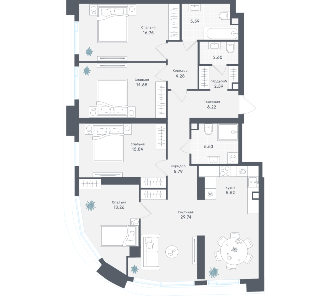 4-комнатная 127 м2 в ЖК Solos корпус null этаж 32