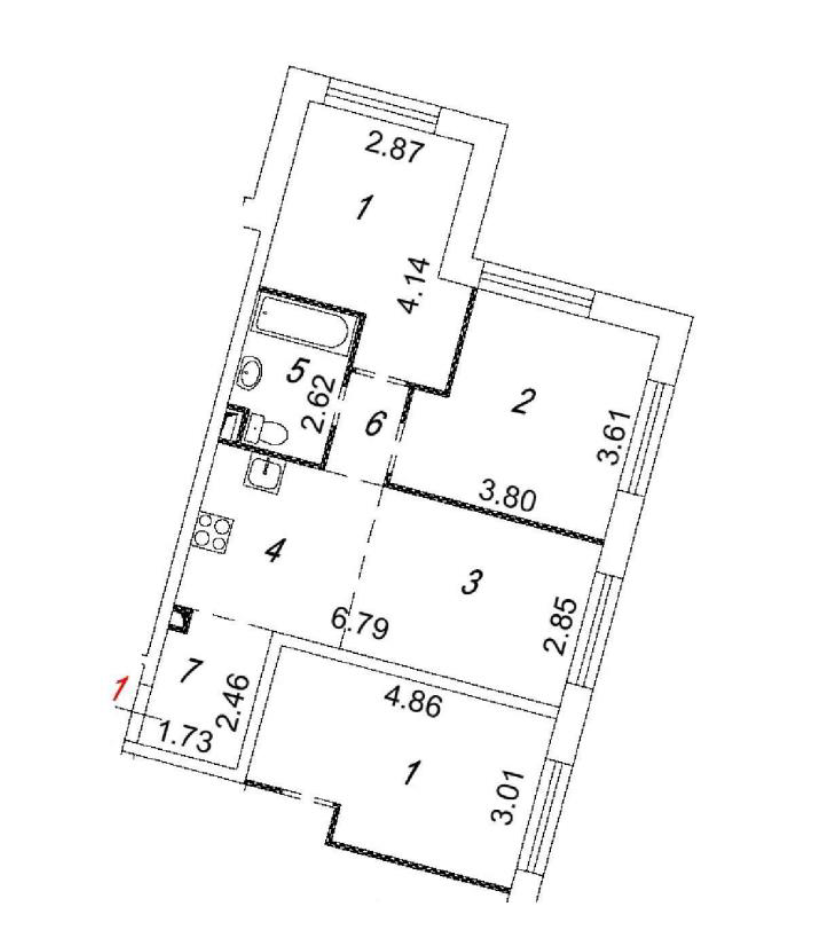 3-комнатная 53.7 м2 в ЖК undefined корпус null этаж 2