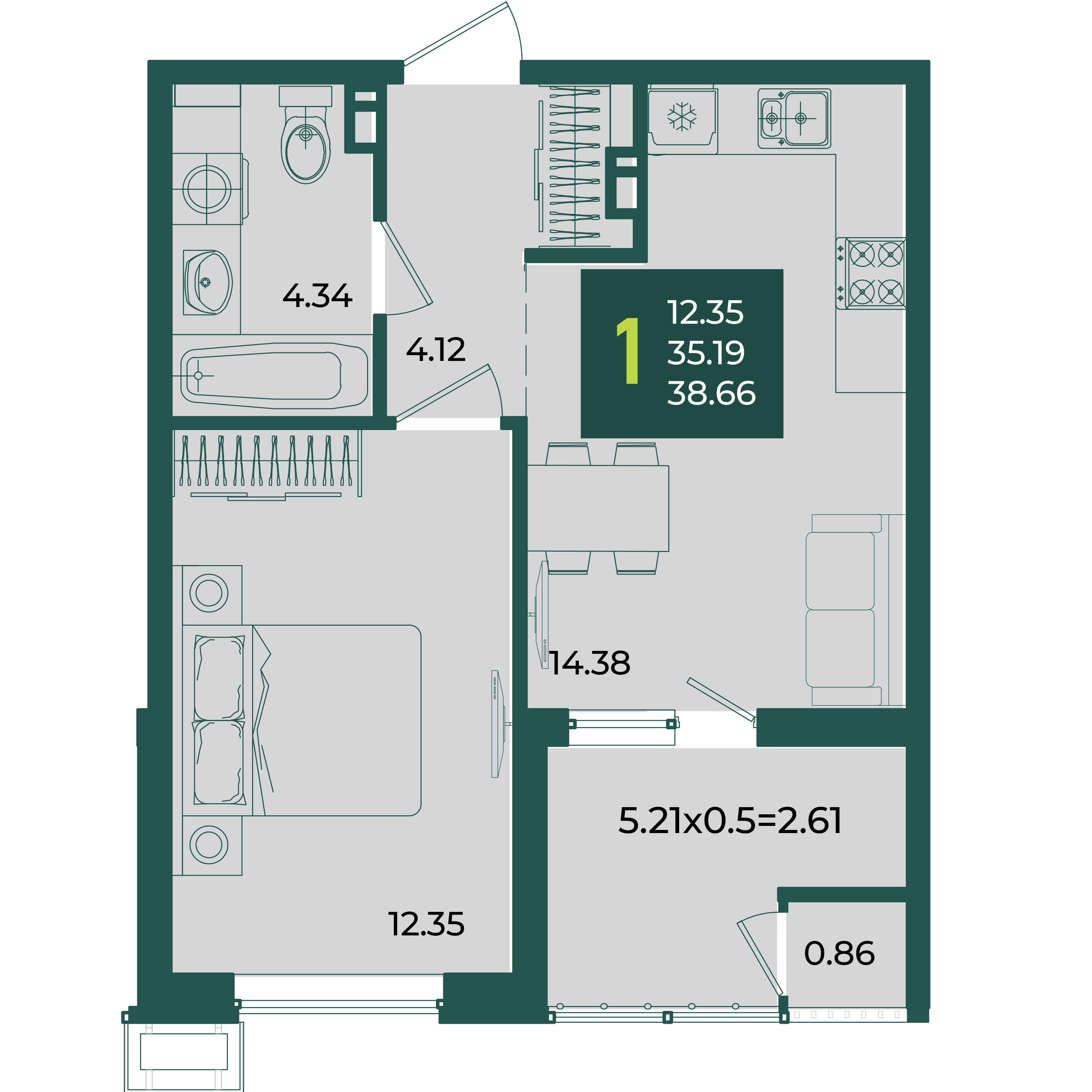 1-комнатная 38 м2 в ЖК Образцово корпус null этаж 5