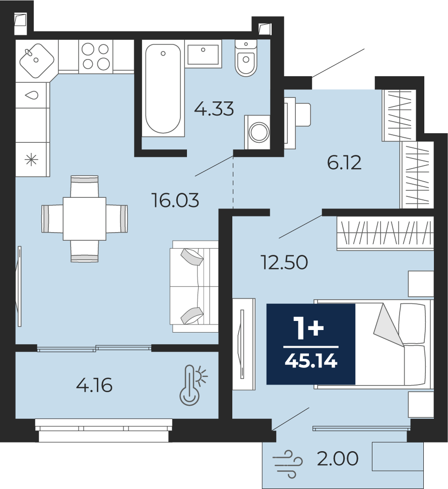1-комнатная 43 м2 в ЖК Беринг корпус null этаж 9