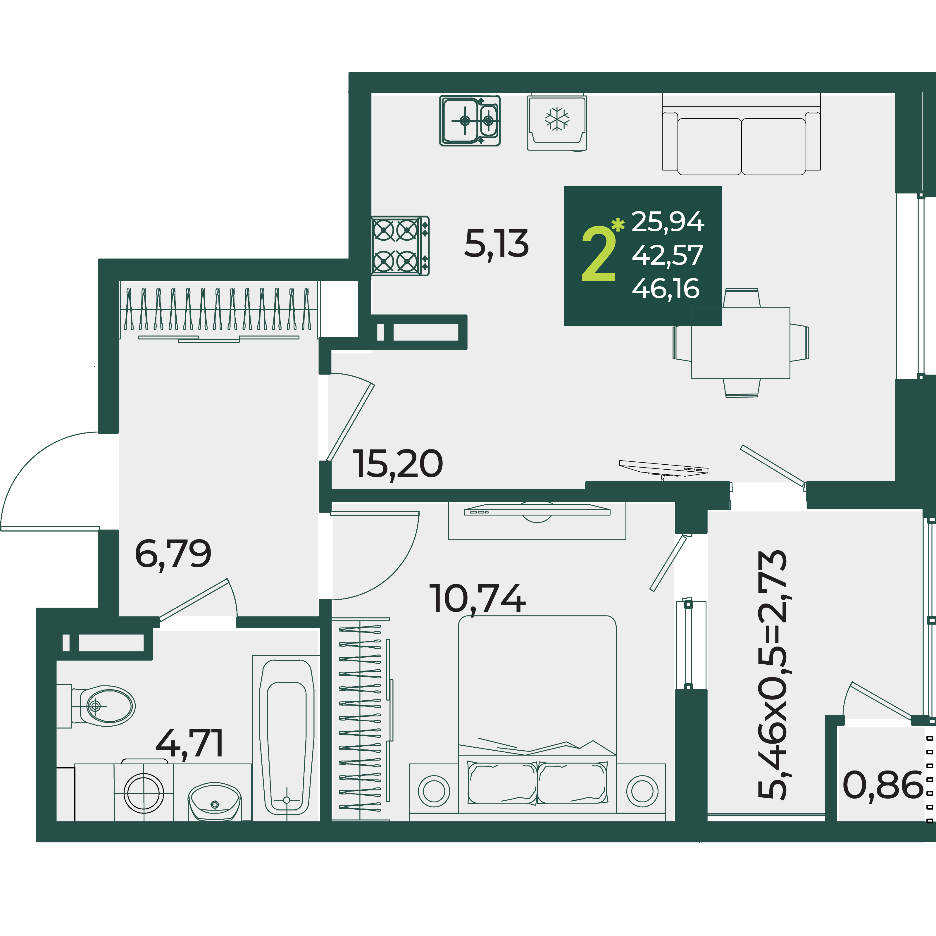 2-комнатная 46 м2 в ЖК Образцово корпус null этаж 10