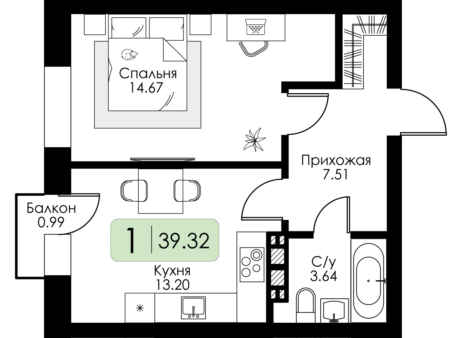1-комнатная 39 м2 в ЖК Урбан Парк корпус null этаж 4
