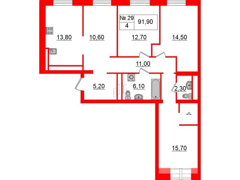 4-комнатная 91 м2 в ЖК Аура корпус null этаж 6