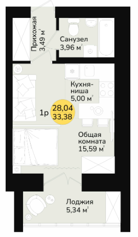 1-комнатная 33.4 м2 в ЖК undefined корпус null этаж 4