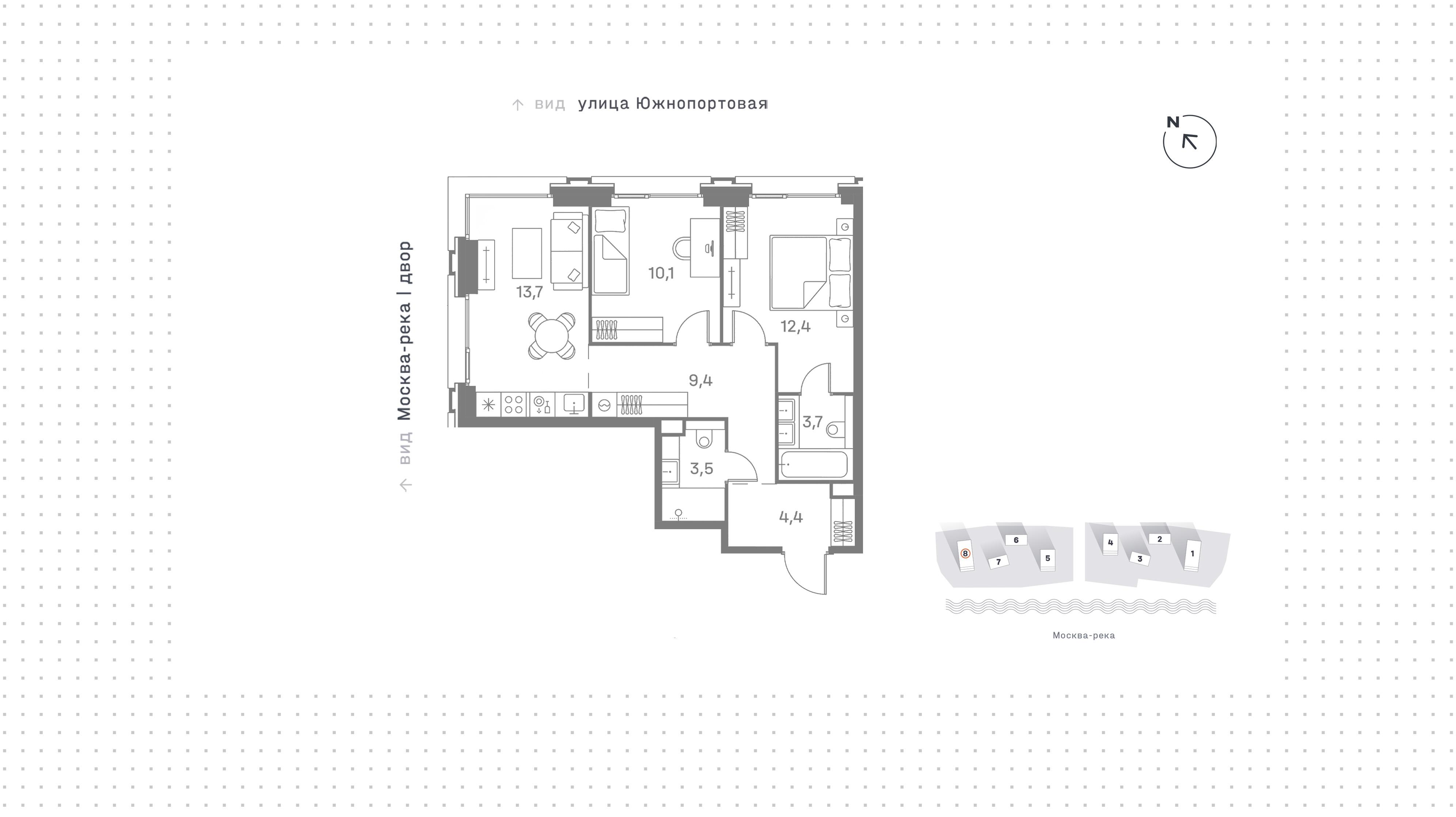 2-комнатная 57 м2 в ЖК Portland корпус null этаж 9
