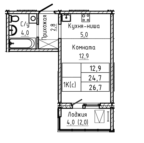 1-комнатная 26.7 м2 в ЖК undefined корпус null этаж 15