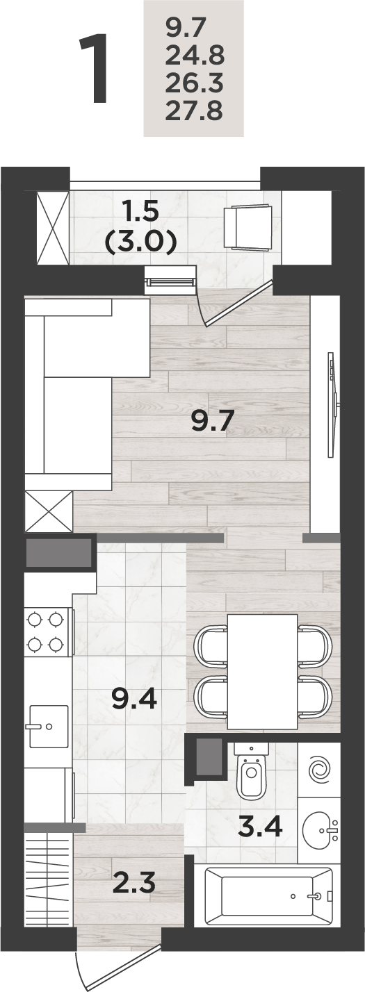 Студия 26 м2 в ЖК Альпенштадт корпус null этаж 14