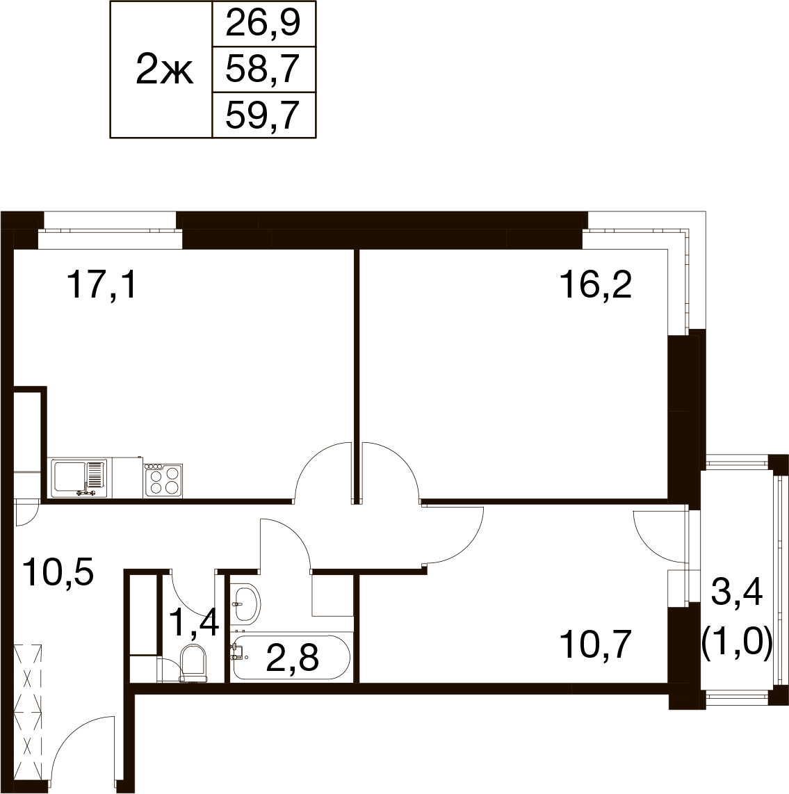 2-комнатная 58 м2 в ЖК Идеал корпус null этаж 4