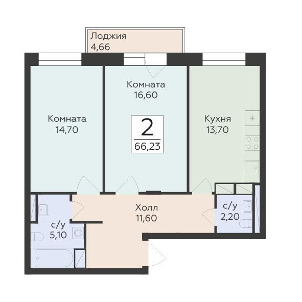 2-комнатная 66 м2 в ЖК Малаховский корпус null этаж 3