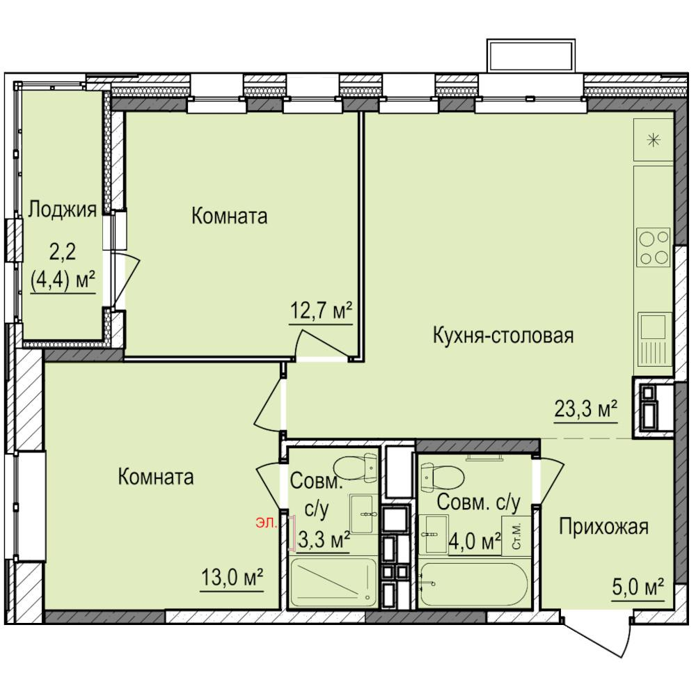 2-комнатная 63 м2 в ЖК Норвежский Лес корпус null этаж 6