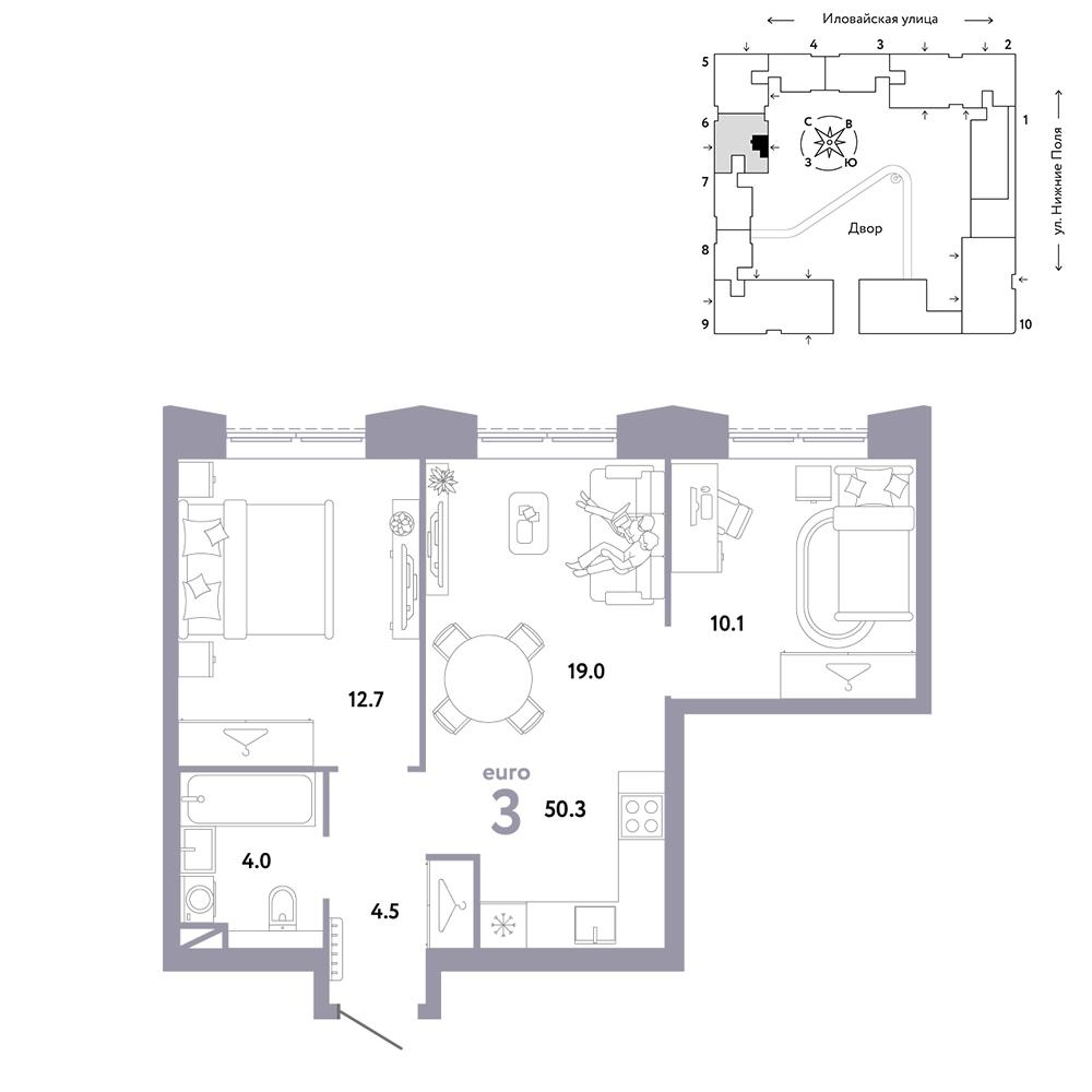 3-комнатная 50 м2 в ЖК Страна.Заречная корпус null этаж 13