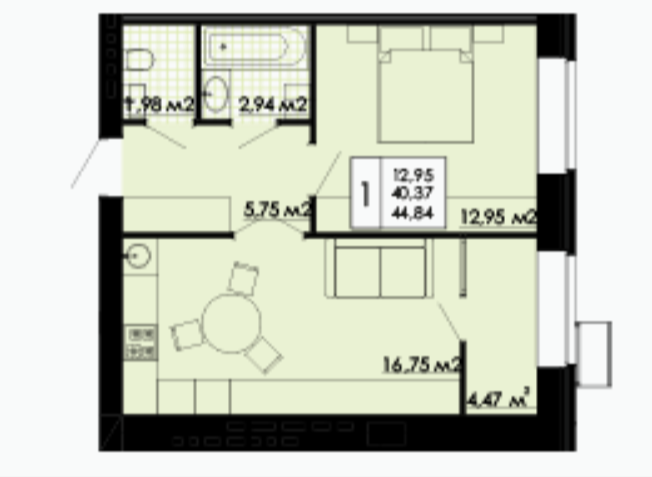 1-комнатная 43 м2 в ЖК undefined корпус null этаж 2