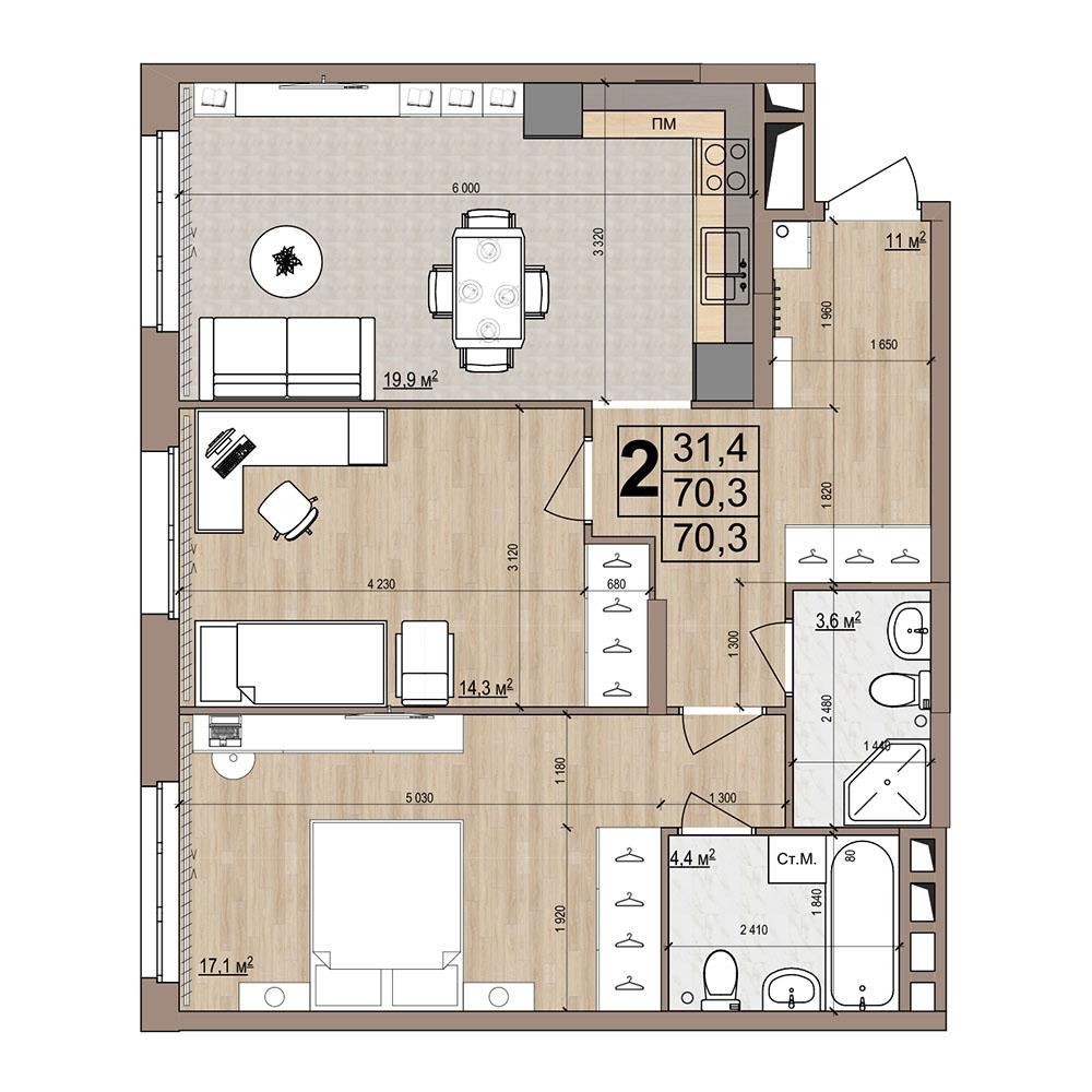 2-комнатная 70 м2 в ЖК Гранд Комфорт-2 корпус null этаж 3