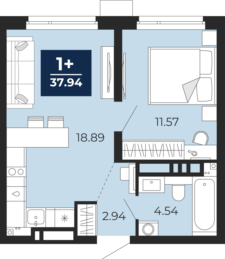 1-комнатная 37 м2 в ЖК Прео корпус null этаж 21