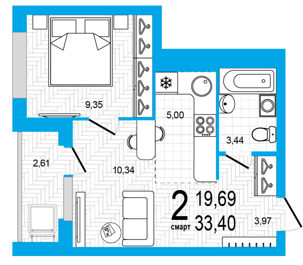 2-комнатная 33.4 м2 в ЖК undefined корпус null этаж 19