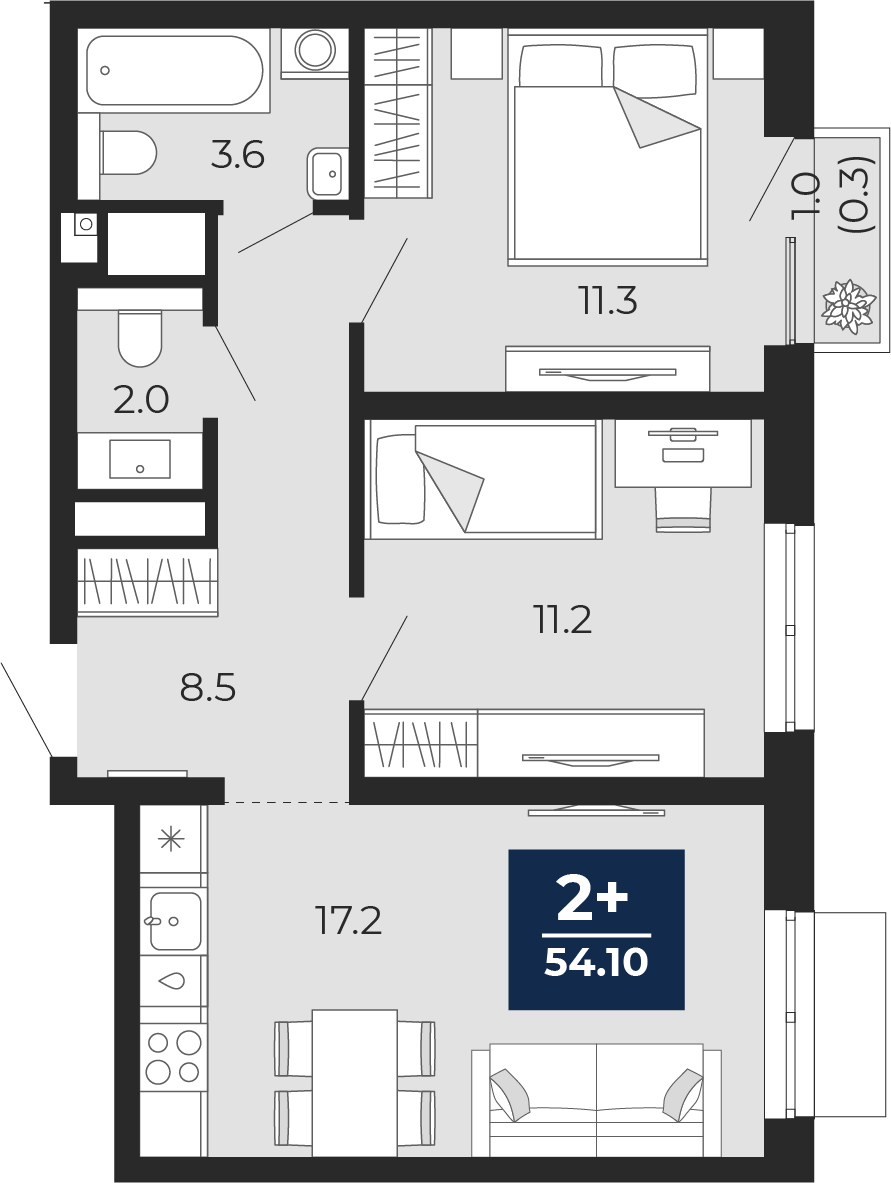 2-комнатная 53 м2 в ЖК Мириады корпус null этаж 22