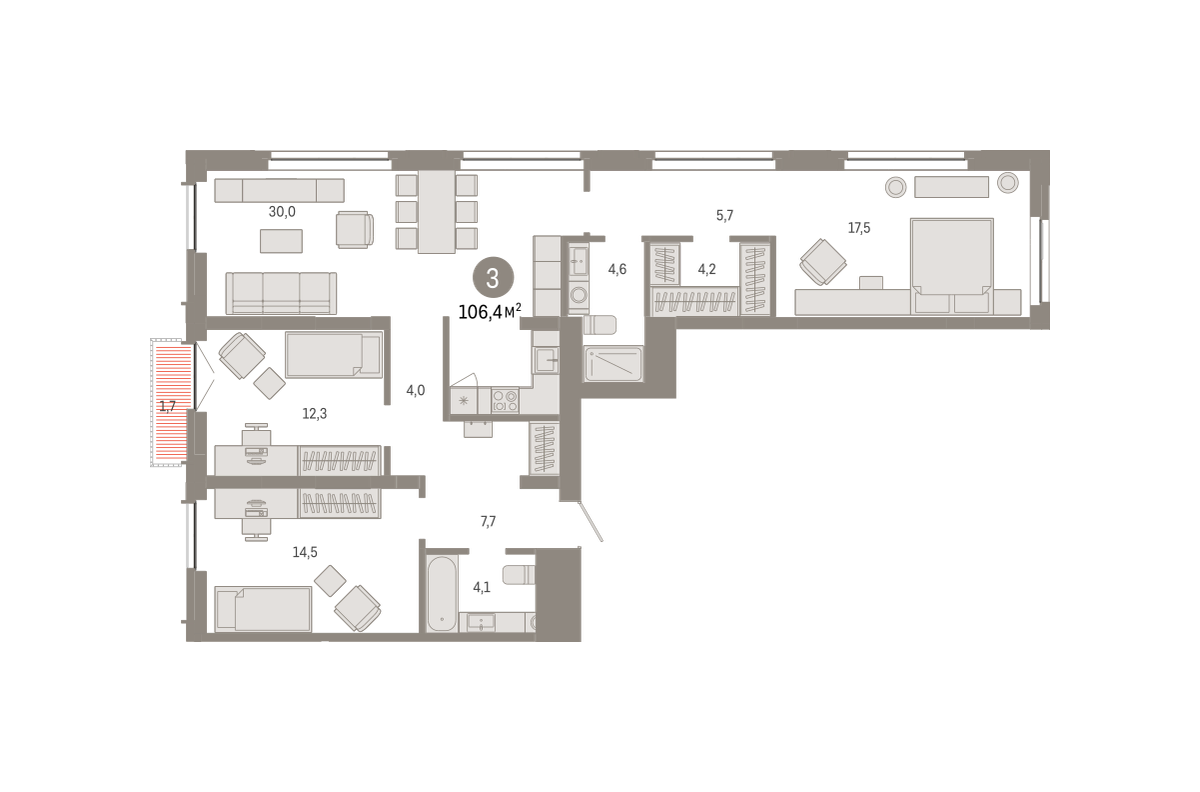 3-комнатная 106 м2 в ЖК Европейский берег корпус null этаж 11