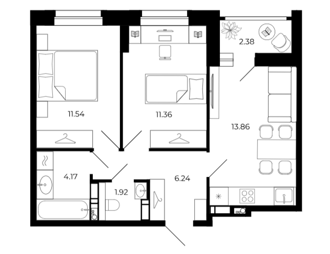 2-комнатная 49.7 м2 в ЖК undefined корпус null этаж 12