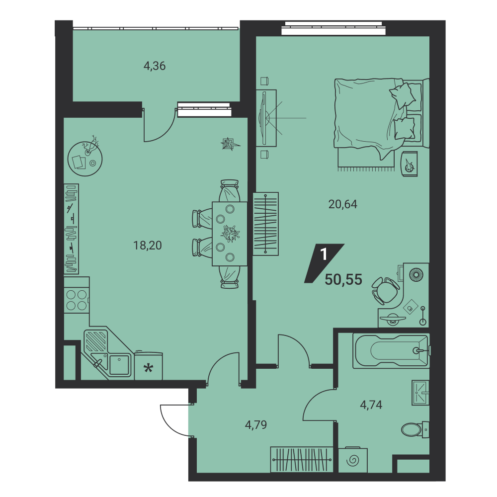 1-комнатная 50 м2 в ЖК Дом на Ясной/Миллениум корпус null этаж 7