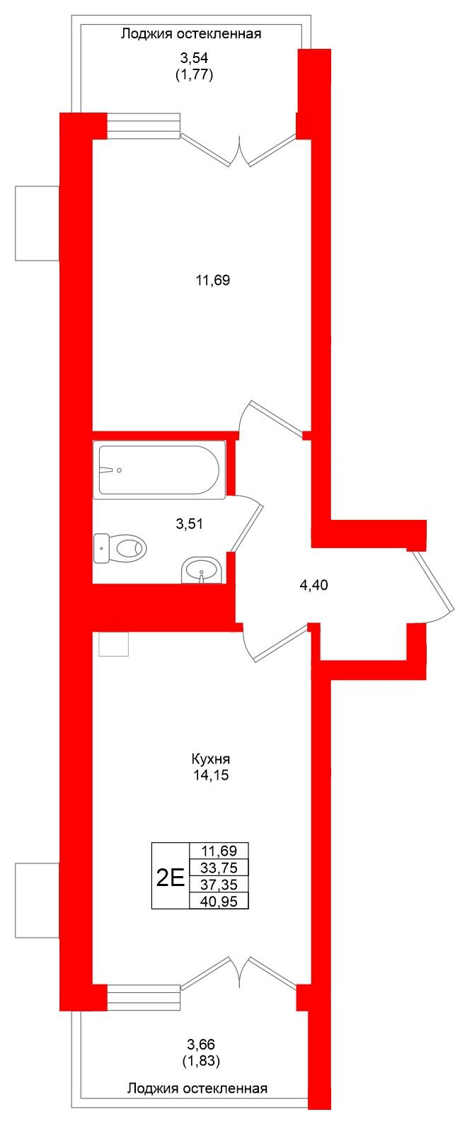1-комнатная 37 м2 в ЖК Lake City-4 корпус null этаж 2