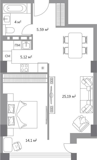 2-комнатная 55 м2 в ЖК Фьорд корпус null этаж 7
