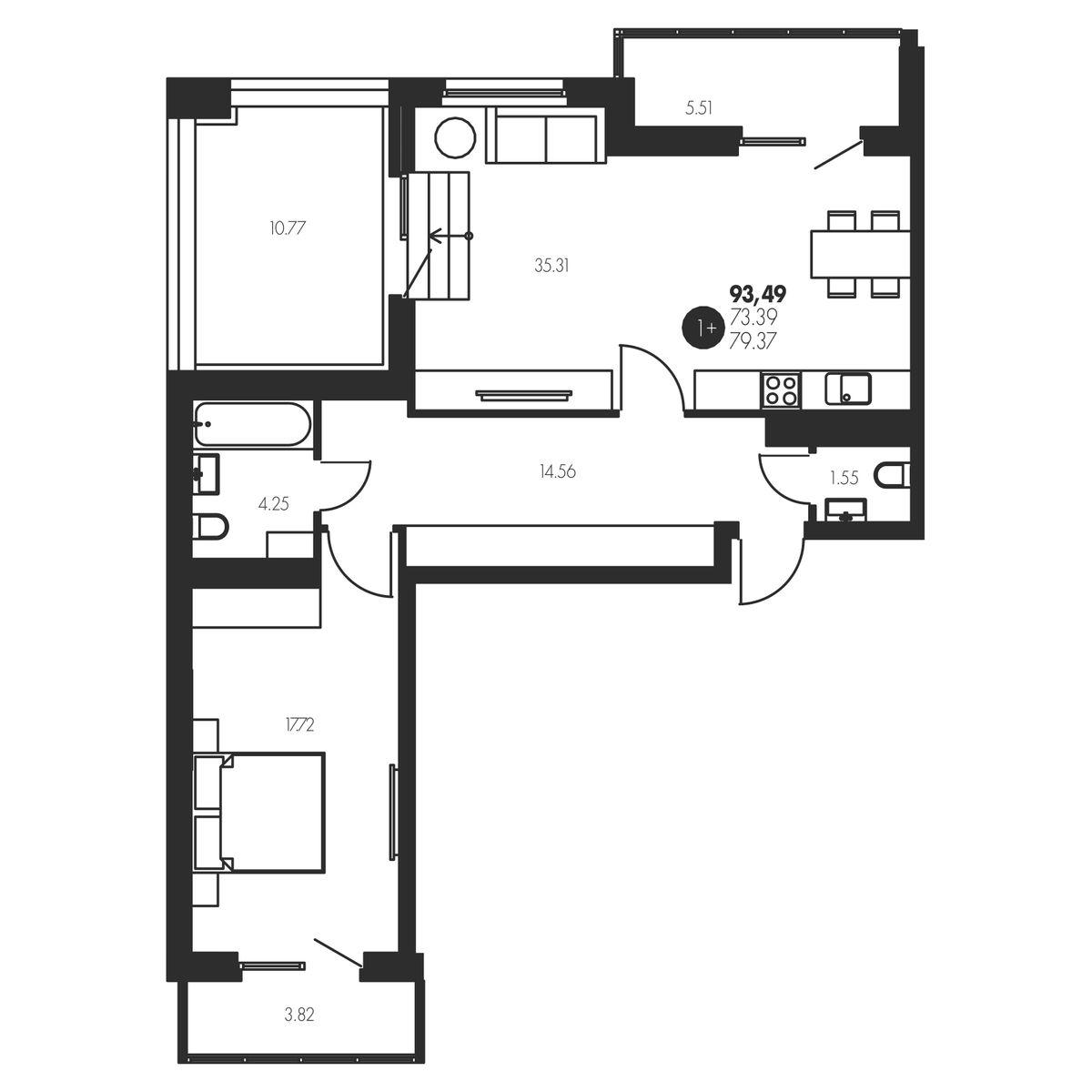 1-комнатная 93 м2 в ЖК Новый корпус null этаж 17